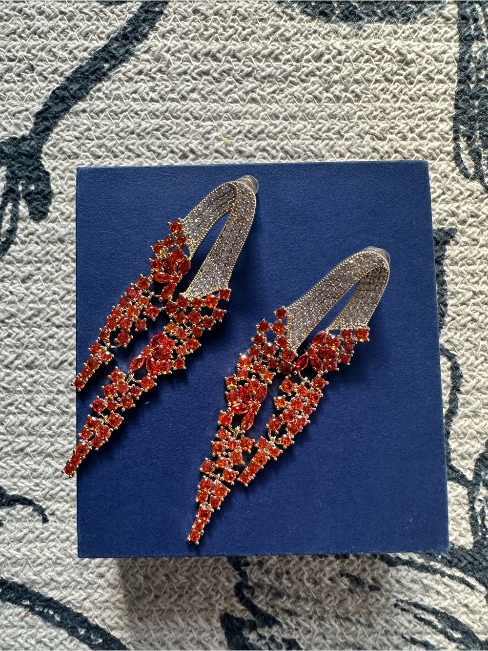Red Orange Crystal Statement Earrings – Long Rhinestone Dangle Evening Earrings